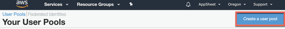 Your User Pools page with Create a user pool button highlighted