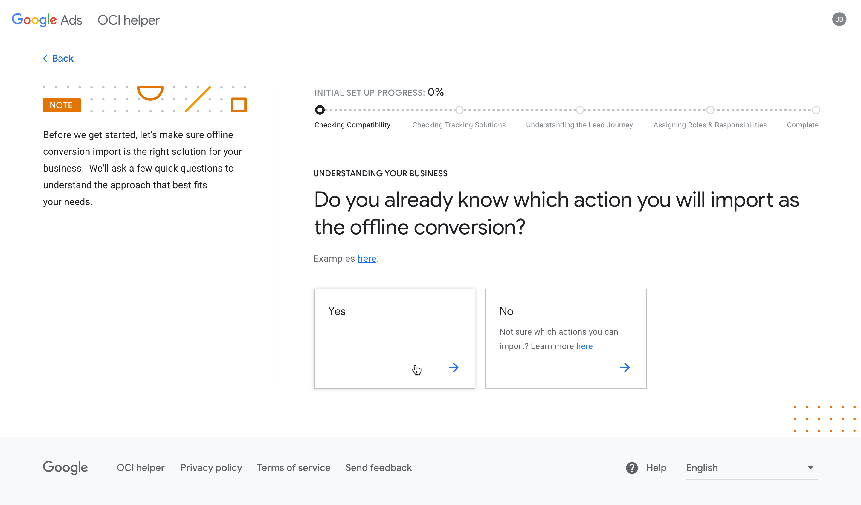 OCI helper questionnaire. First question states "Do you already know which action you will import as the offline conversion?"