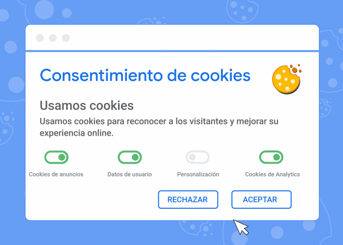 Animación que muestra un banner de consentimiento de cookies y lo que ocurre si aceptas o rechazas las cookies.