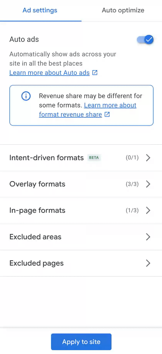 Example of removing types of experiments in Adsense
