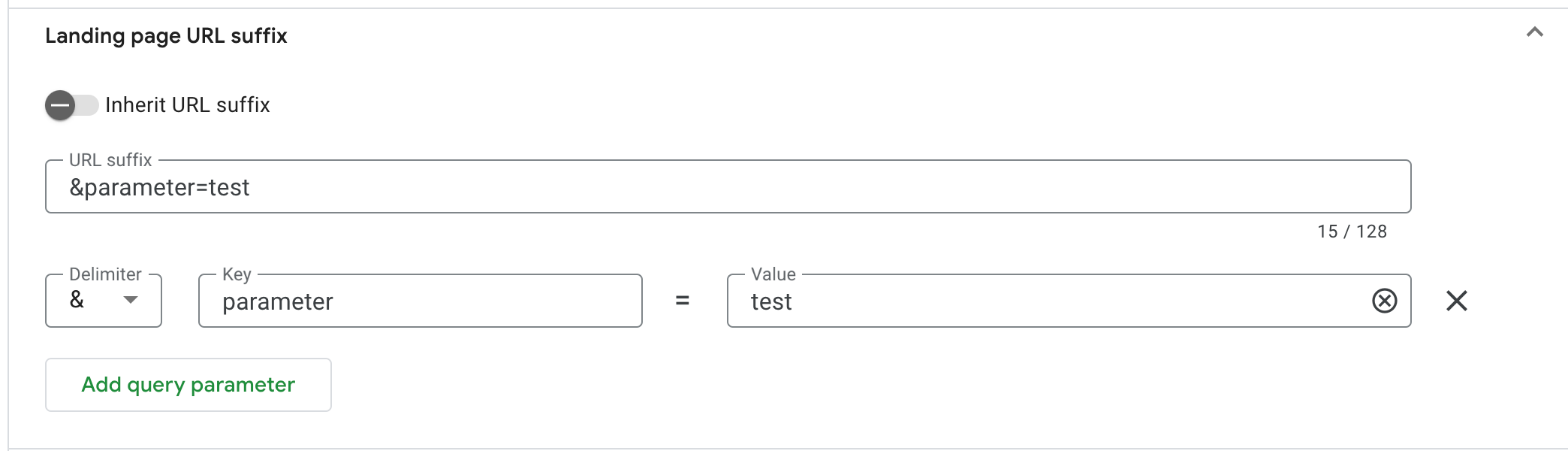 Example of landing page URL suffix settings