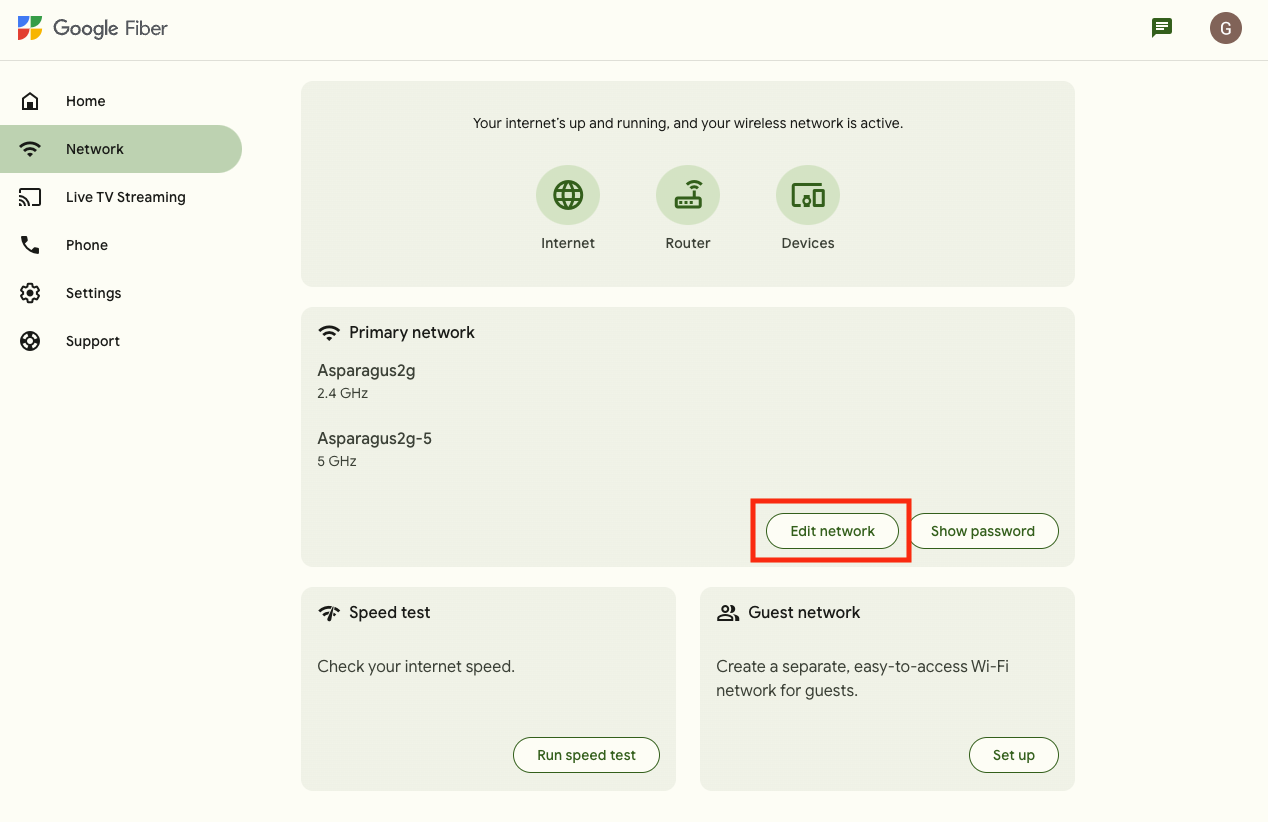 The Network section of the GFiber customer portal, with the "Edit network" button circled in red.