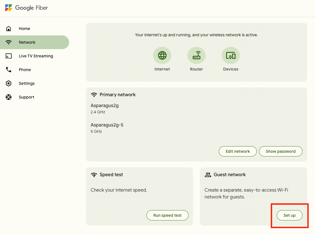 The Network page within the GFiber portal. There is a red square around the button to set up a guest network.