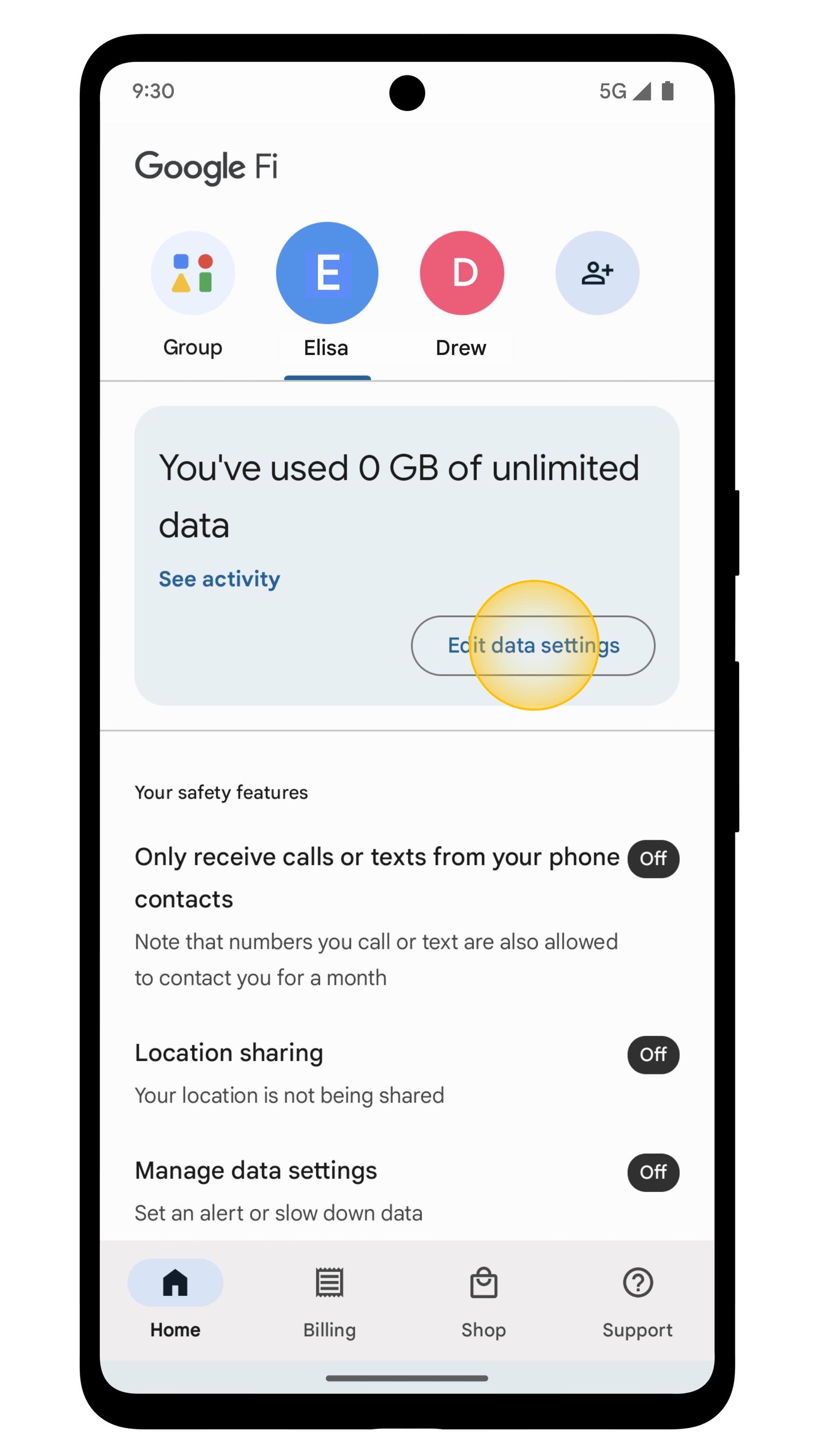 Edit data settings