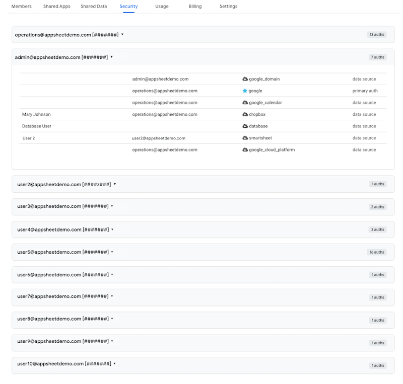 Security for team member showing 2 data sources and 1 primary auth