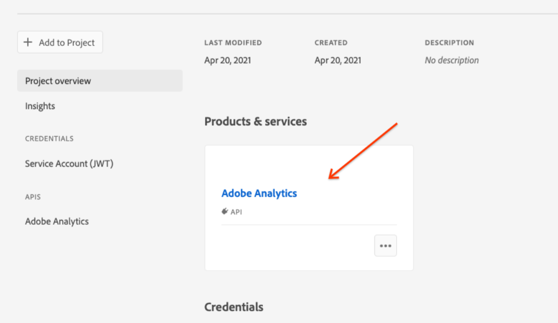 "Products & services" area in Adobe Developer Console