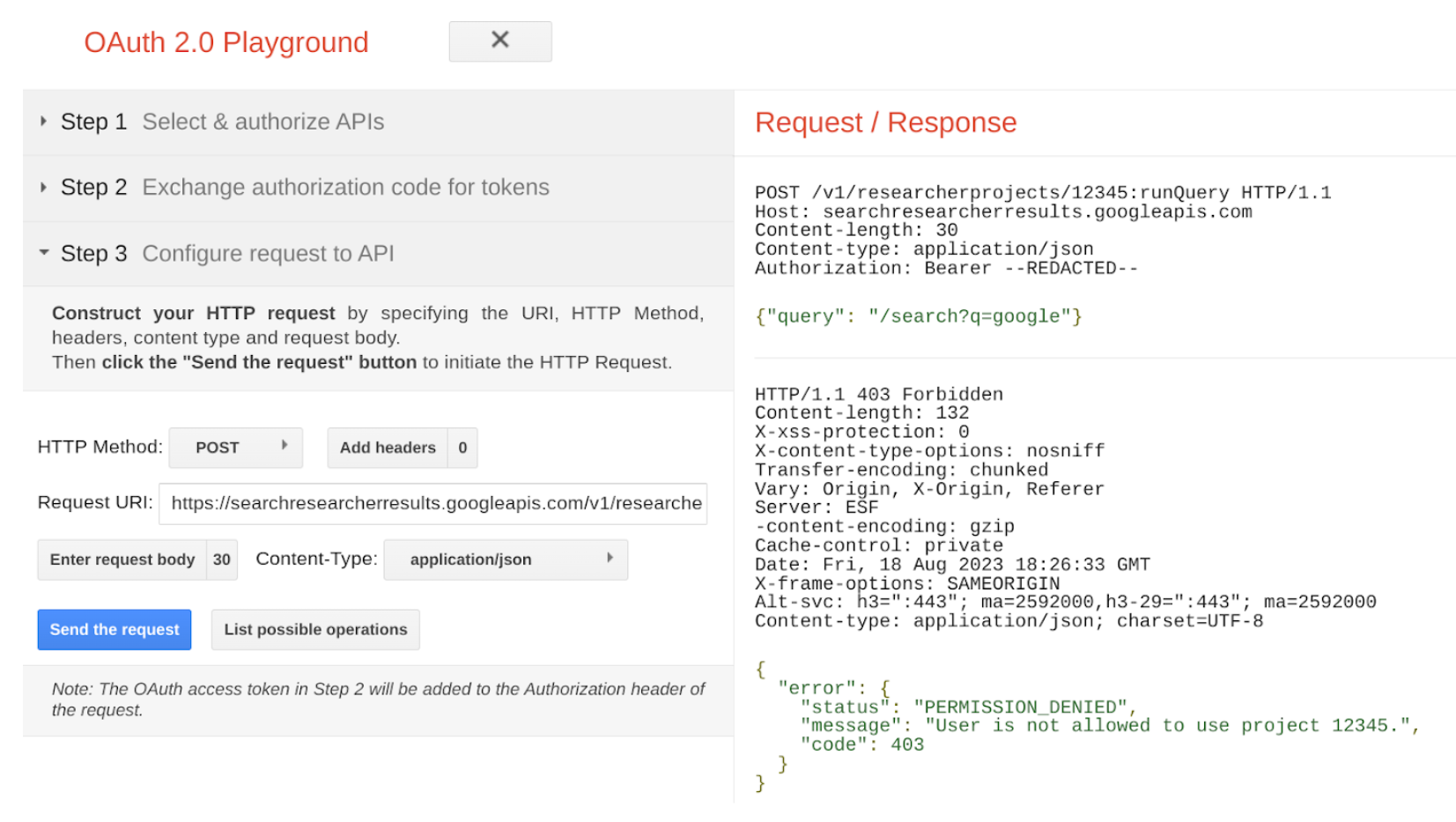 Displays the fields covered in Step 4 of the article, and example of a request response that was denied with a 403 "PERMISSION DENIED" error