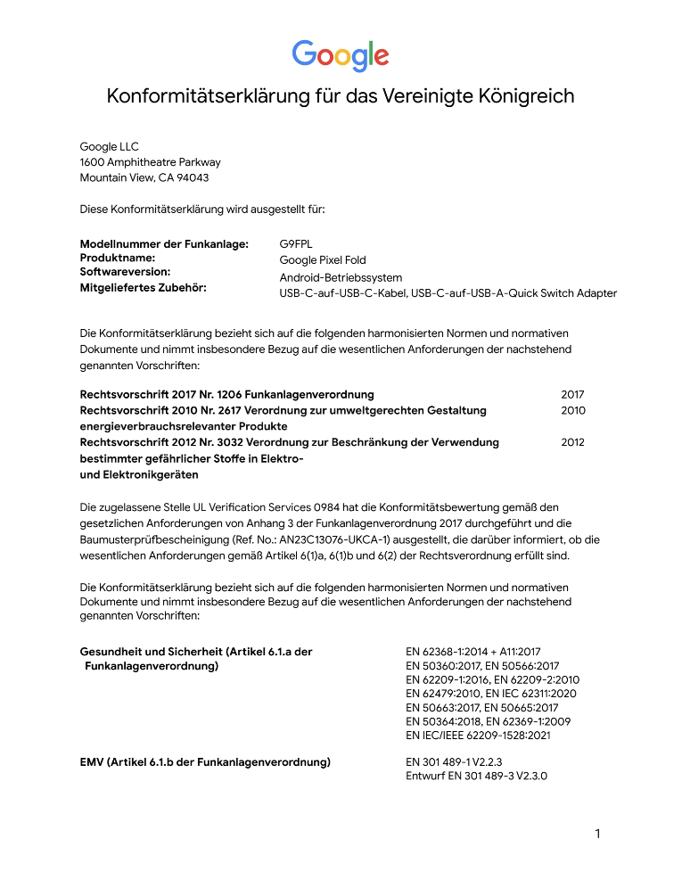 Konformitätserklärung für das Vereinigte Königreich Seite 1