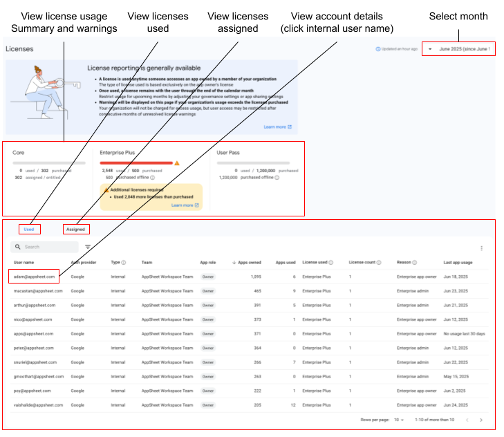Licenses page in the Admin Console