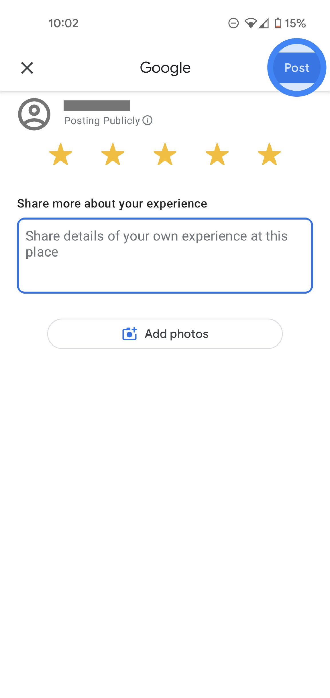 In the Google Maps app, a rating and review page is shown. The icon of a user is at the top with a note that says "Posting publicly." Five stars are selected and there is a text box to enter additional review details. At the bottom, there is a button that says "Add photos." 