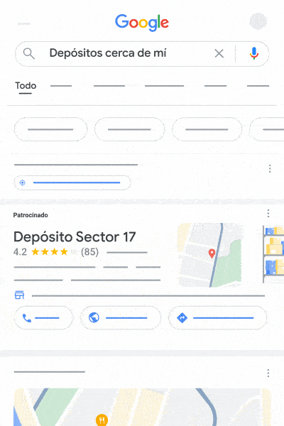 Esta animación muestra un ejemplo de cómo la ubicación de tu empresa aparece en la parte superior de los resultados de la búsqueda local.