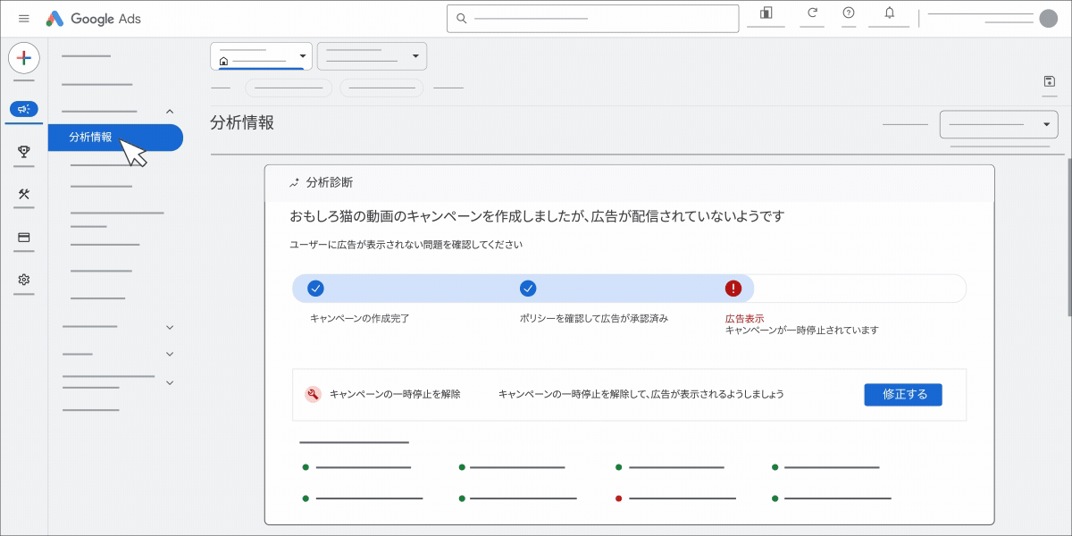[診断的インサイト]、[予算の消化ペースに関する分析情報]、[キャンペーン全体のパフォーマンス]、[すべてのキャンペーンの全体的なパフォーマンス]、[検索語句に関するインサイト]、[オーディエンス分析] のカードが表示されている、Google 広告の [分析情報] セクション
