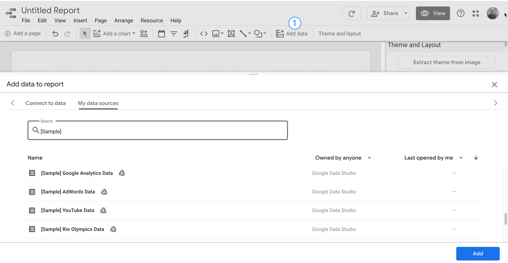 Google data Studio. Adding data Page. Connection report