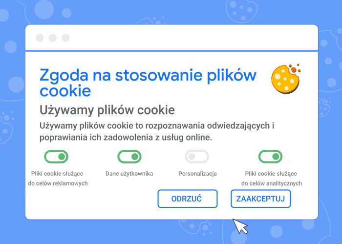 Animacja pokazująca baner z prośbą o zgodę na stosowanie plików cookie oraz ewentualne skutki zaakceptowania lub odrzucenia plików cookie.
