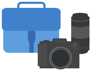 An illustration of a bundle that includes a camera body, lens, and bag