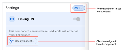 Settings pane with 1 linked component identified in the lozenge and in the list