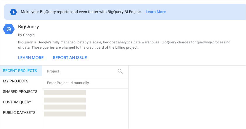 BigQuery Recent Projects tab.