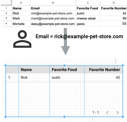 The table chart with Google Sheets data is filtered for the email rick@example-pet-store.com, and only the Name, Favorite Food, and Favorite Number values for that email are displayed in the chart.