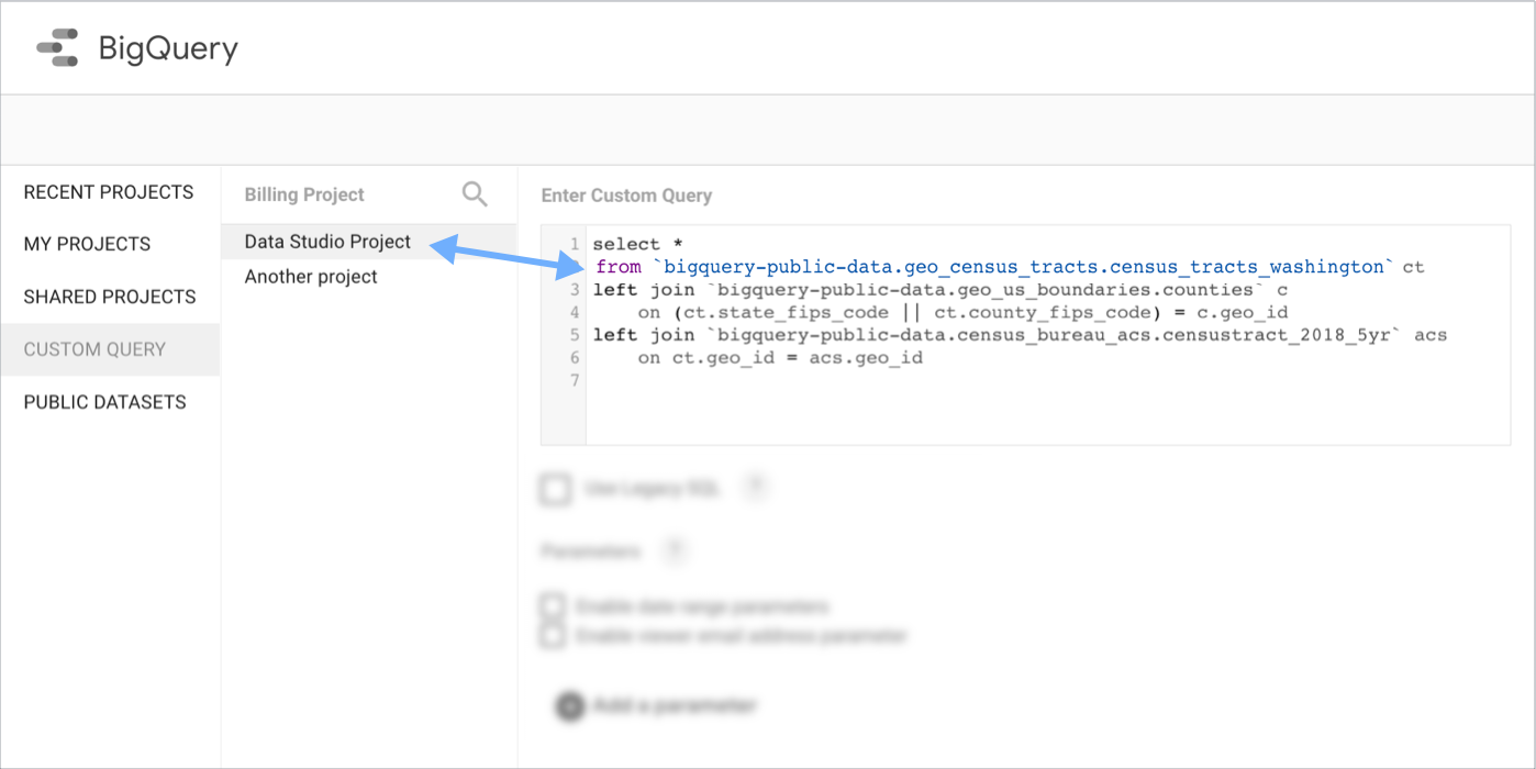 Example of a BigQuery custom query configuration, with the billing project set to 