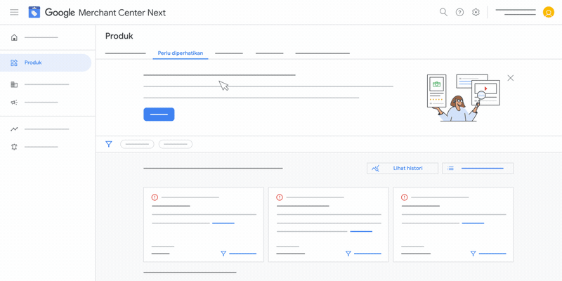 Animasi ini menampilkan cara melihat histori status produk di Google Merchant Center Next.