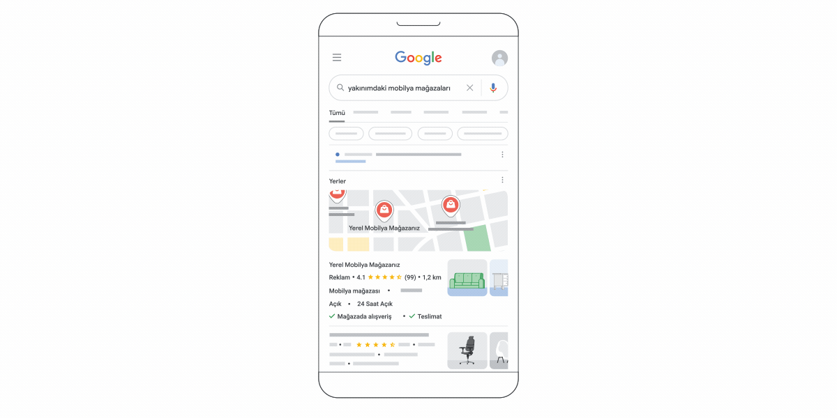 Bir kullanıcı Arama'da "Ara" veya "Yol tarifi" düğmelerine dokunduğunda bu işlemin Google Ads'de nasıl yerel işlem dönüşümü olarak raporlandığını gösteren animasyon.