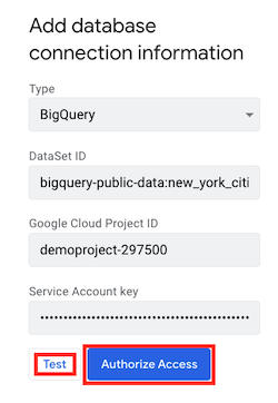 Click Test, then Authorize in the Add database connection information dialog