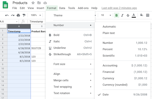 Format menu in a spreadsheet with Number > Date selected