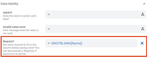 Require? set to an expression in the Data Validity section.