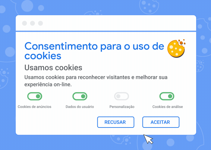 Animação mostrando um banner de consentimento para o uso de cookies e o que acontece se você aceitar ou recusar cookies.