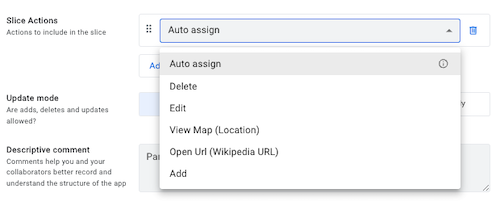 Slice Actions field showing custom action selections