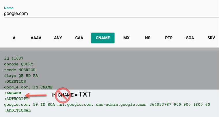 Test results for a domain with no value after the phrase "IN CNAME". Use TXT record instructions