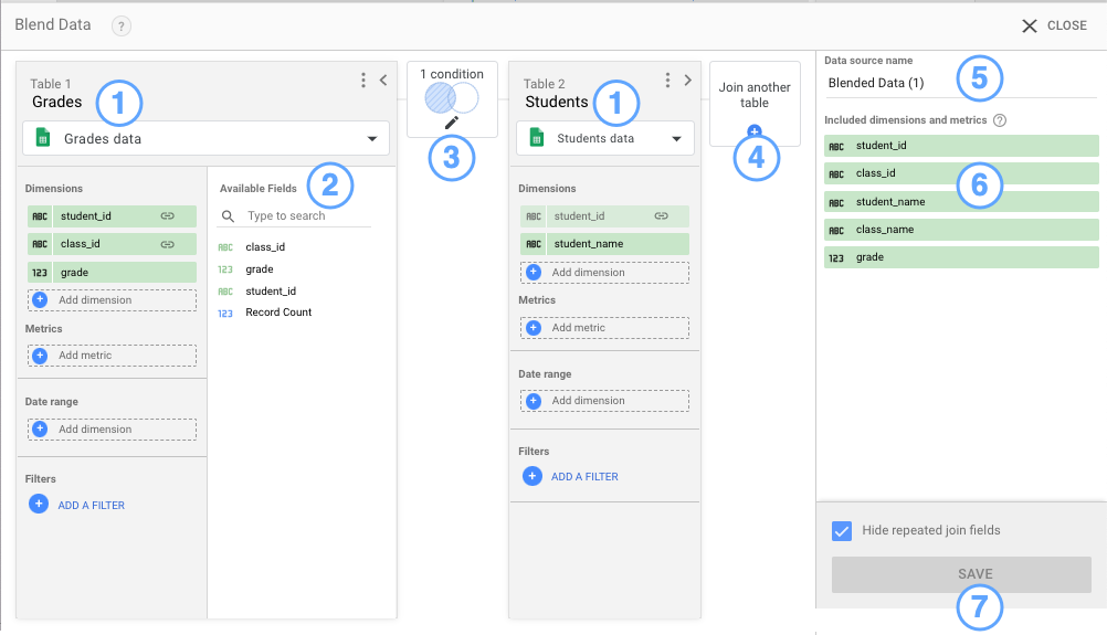 The Blend editor displays blend options that appear when you select table and field options. 