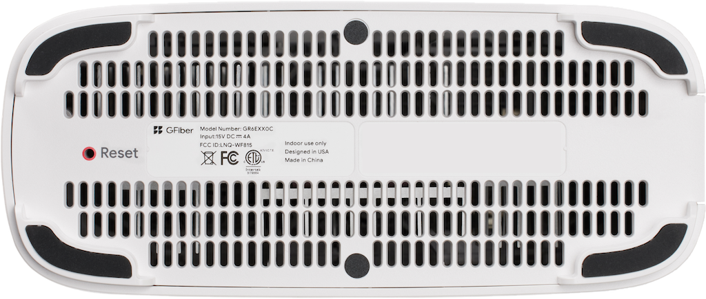 The underside of the GFiber Wi-Fi 6E Router (GR6EXX0C). The Reset button is a small red circle near the left side.