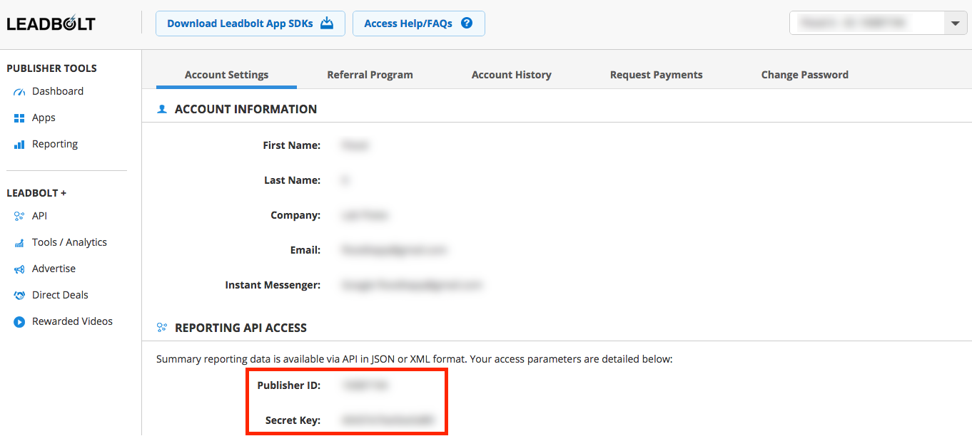 Esempio della schermata con i dati dell'account di Leadbolt.