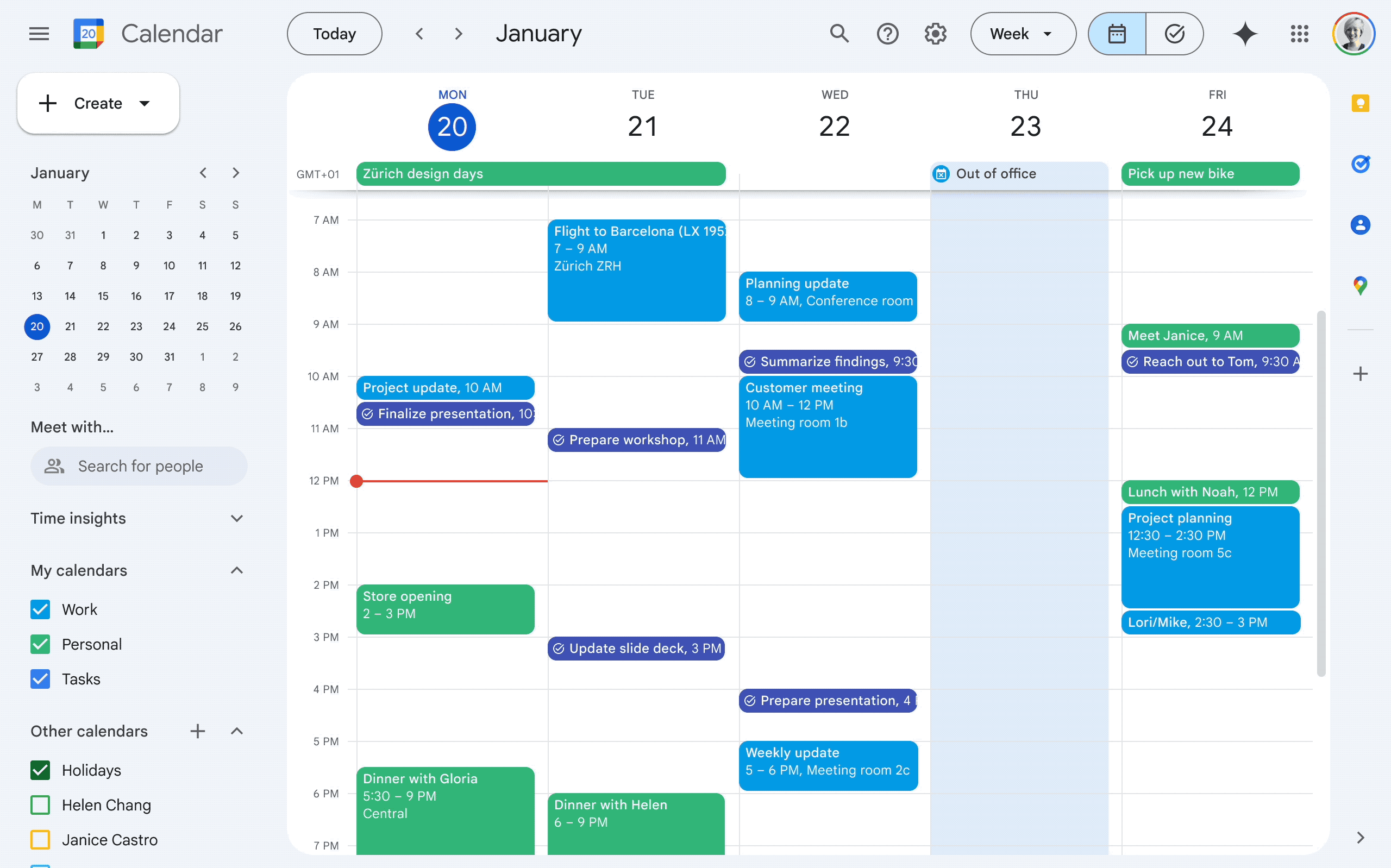 An animation that shows how to use the Gemini in Calendar side panel. In the animation, the user opens the side panel and clicks the option to "Add a lunch event to my calendar."