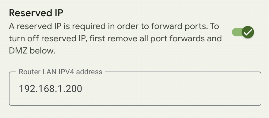 The "Reserved IP" section within the GFiber portal. The user can toggle the option on, and enter an IPv4 LAN address.