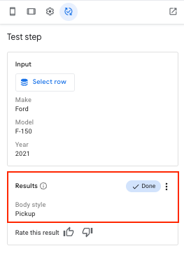 Test step results showing Body style set to Pickup