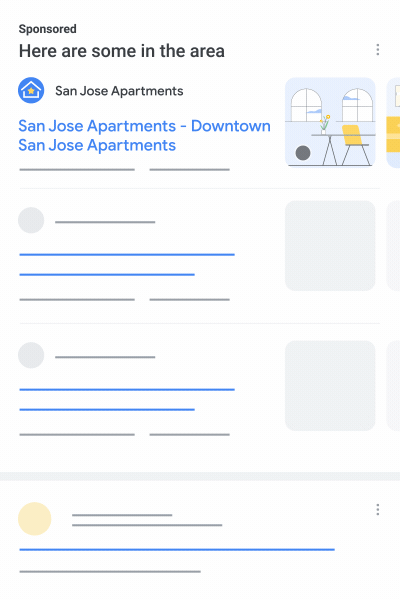 This animation is an example of a collection of local search ad results, with your ad showing your campaign-specific assets.