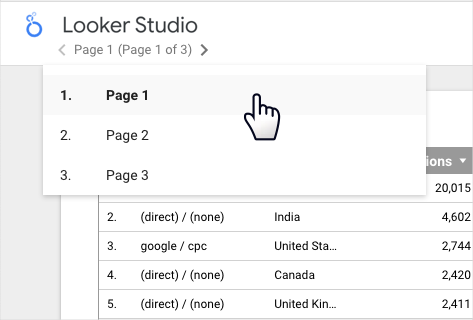 Drop-down page navigation menu with 3 pages.