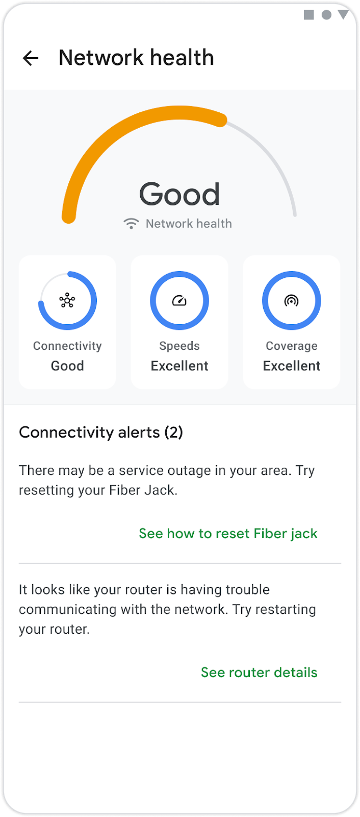 An image of the Network Health feature in the Google Fiber app showing a Good score with two connectivity alerts