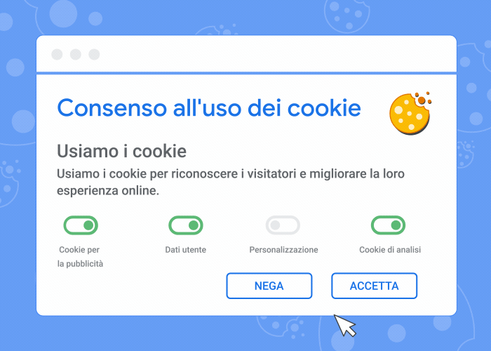 Animazione che mostra un banner del consenso all'uso dei cookie e che cosa succede se accetti o rifiuti i cookie.