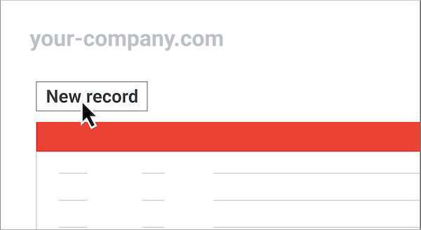 Image shows the "new record" button on an example user interface for a generic domain registrar.