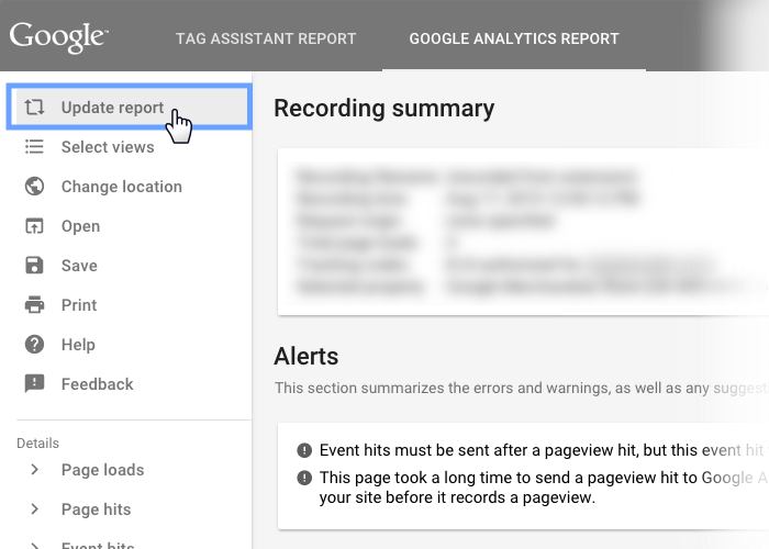 Google Tag Assistant Recordings の Update report メニュー