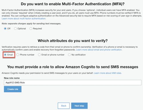 Email is selected under Which attributes do you want to verify? The New Role Name field is set to AppXYZ-SMS-Role under You must provide a role to allow Amazon Cognito to send SMS messages