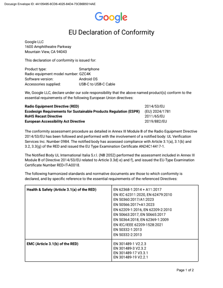 EU DoC Pixel 9 Pro XL GZC4K p1