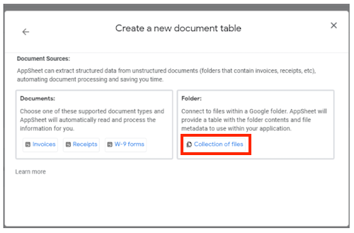Click Collection of files under Folder on the Create a new document table dialog