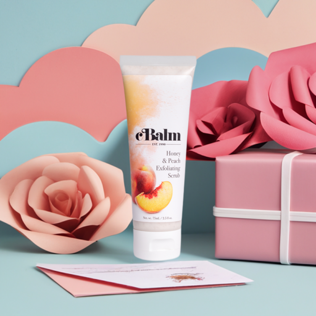 a tube of a skincare product surrounded by cutouts of flowers and a gift box