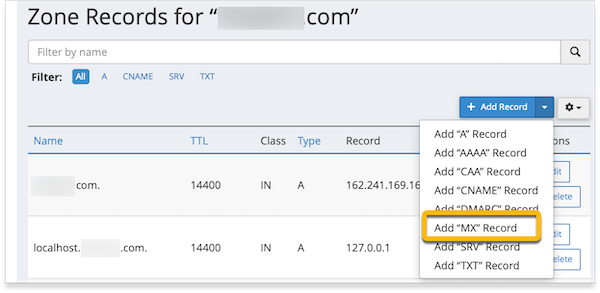 O item "Add "MX" Record" está destacado.