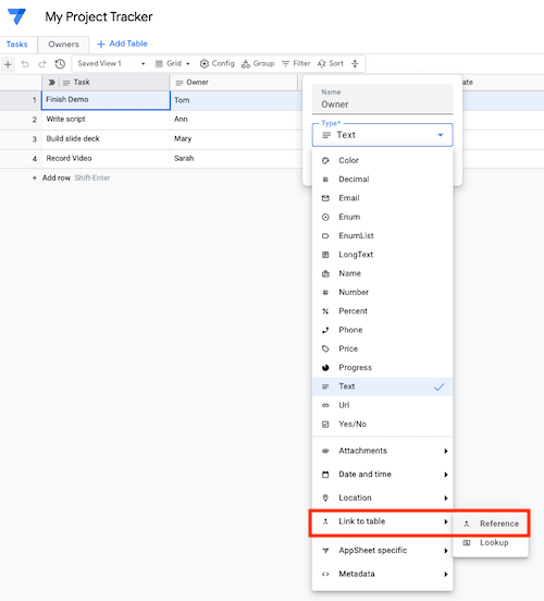 Change Owners column type to Reference