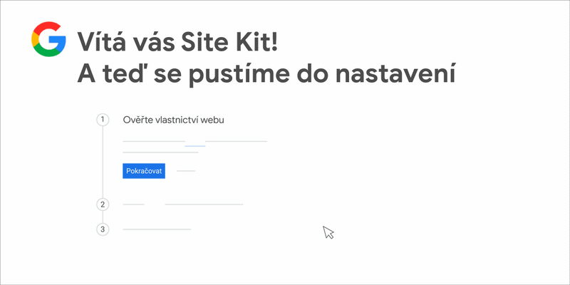 Animovaný GIF, který ukazuje, jak v systému WordPress ověřit vlastnictví webu a nastavit plugin Site Kit.